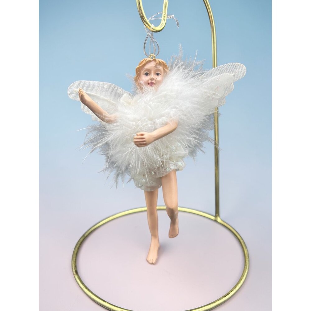 Angel Fairy Ornament With White Feathers & Glitter Wings 6"